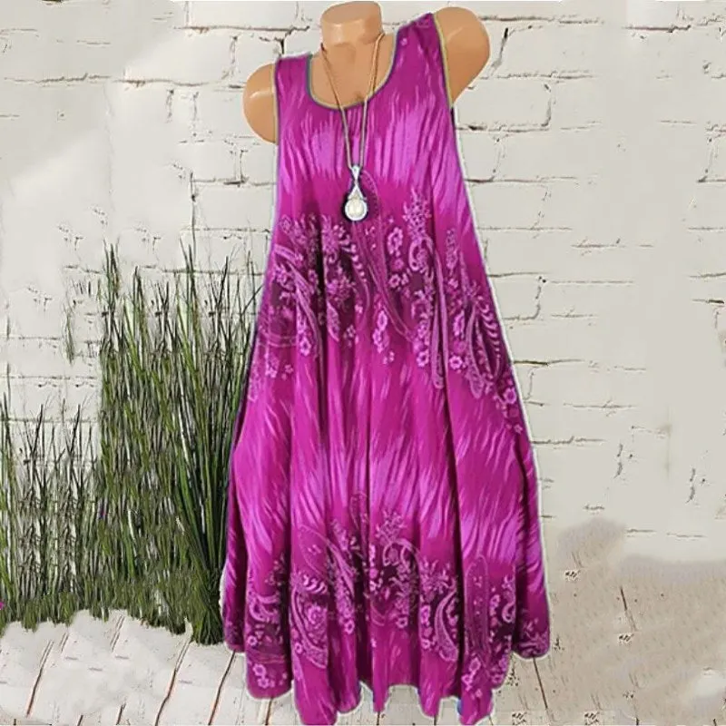Brownm Temperament Commute Summer Digital Print Sleeveless Round Neck Dress