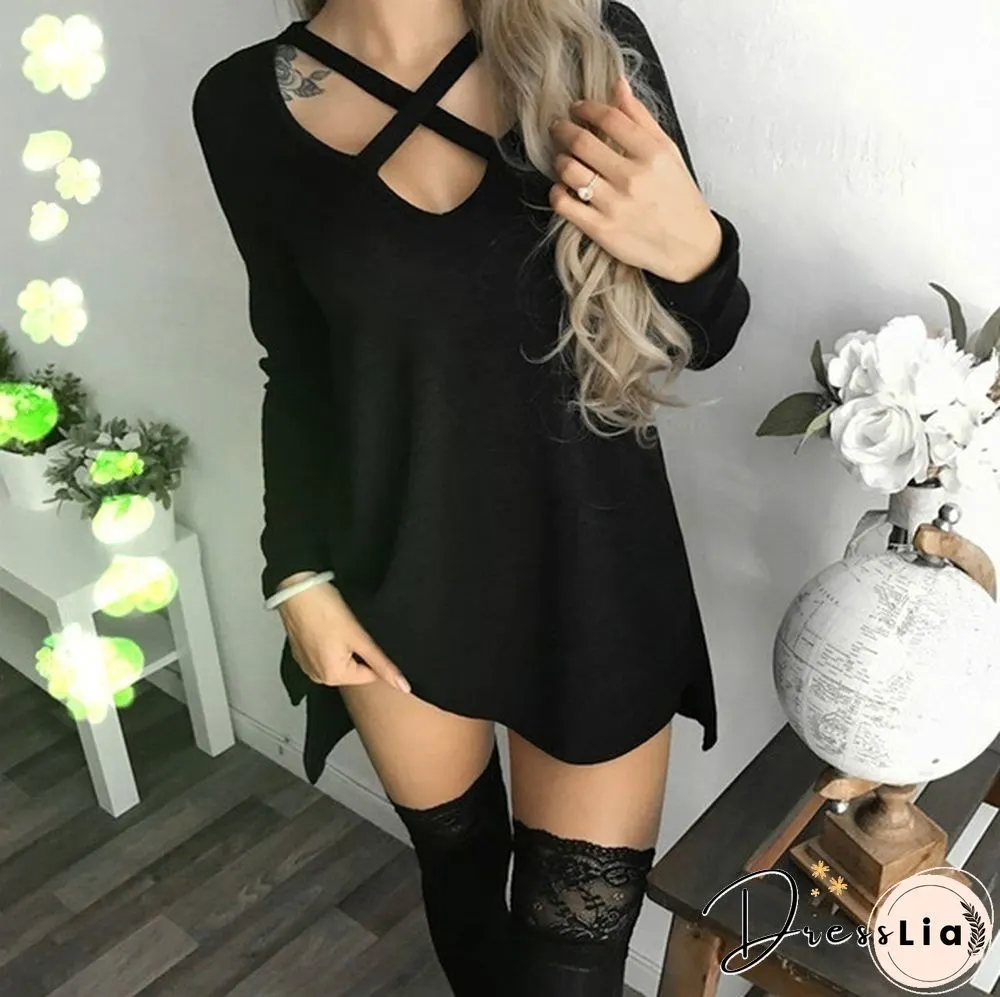 Women Spring Summer Fashion Long Sleeve Tops Black Casual Knitted Sweater Dresses Ladies Fashion Loose Mini Dress Pure Color Cotton Shirt Sexy Deep V-Neck Slim Fit Waist Bodycon Club Wear Knit Slit Party Robe Chic FemmeT-shirt