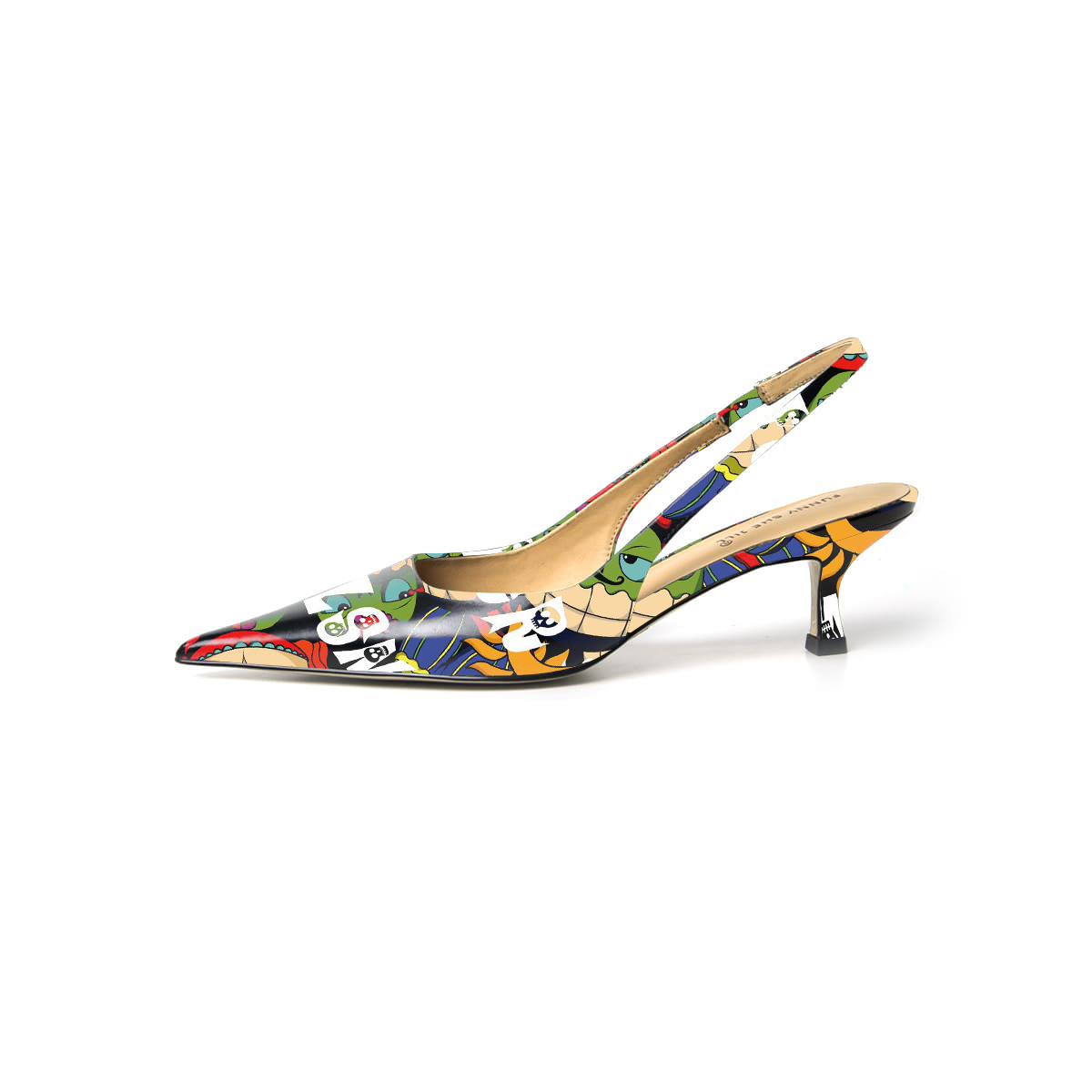 Multicolor Pointed Toe Kitten Heel Slingback Pumps with Cartoon Print Nicepairs