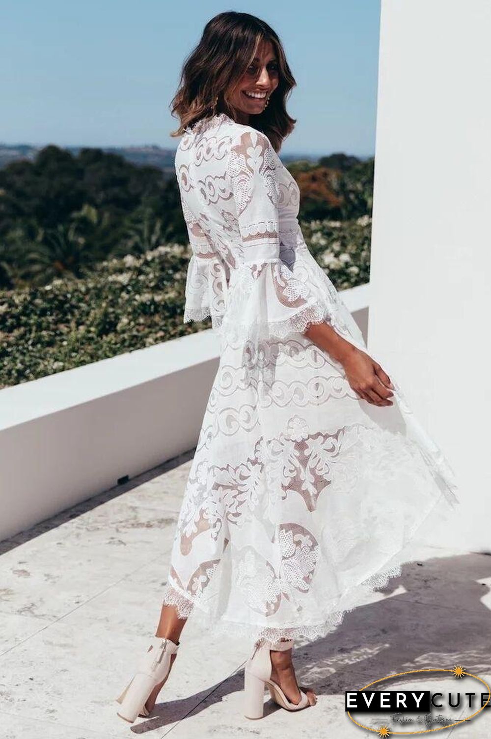 Deep V Neck Lace Hollow Pagoda Sleeve Dress