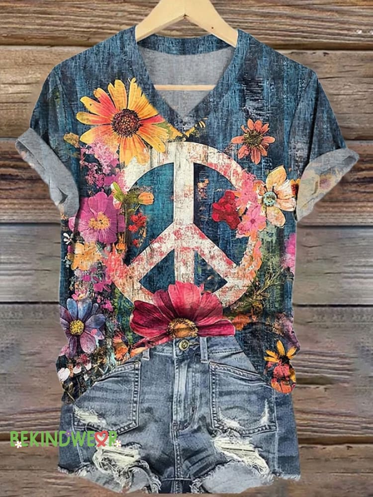 Women&rsquo;S Casual Floral Peace Sign Love And Peace Print Short Sleeve T-Shirt Blue / S