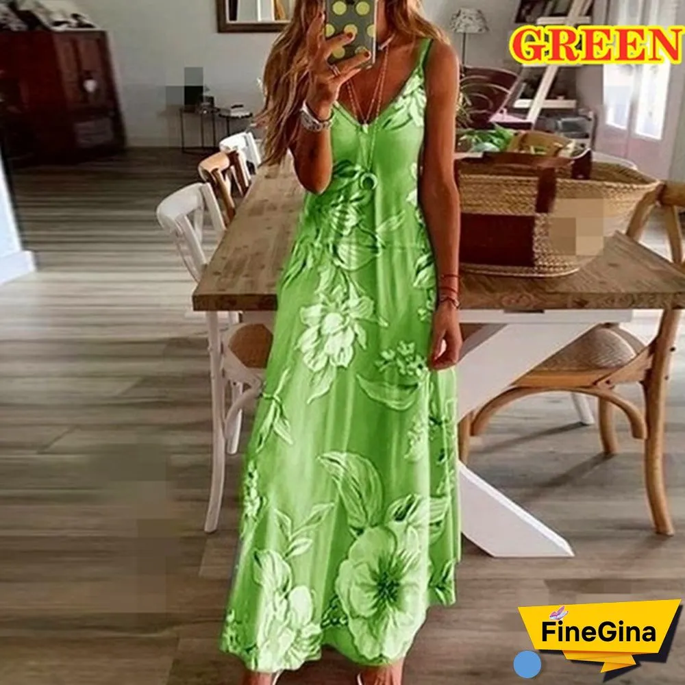 S-8XL Plus Size Vrouwen Maxi Jurk Zomer Casual Sexy Boho Gedrukt Lange Jurk Mouwloze V-hals Kleding Jurk Losse Vestido