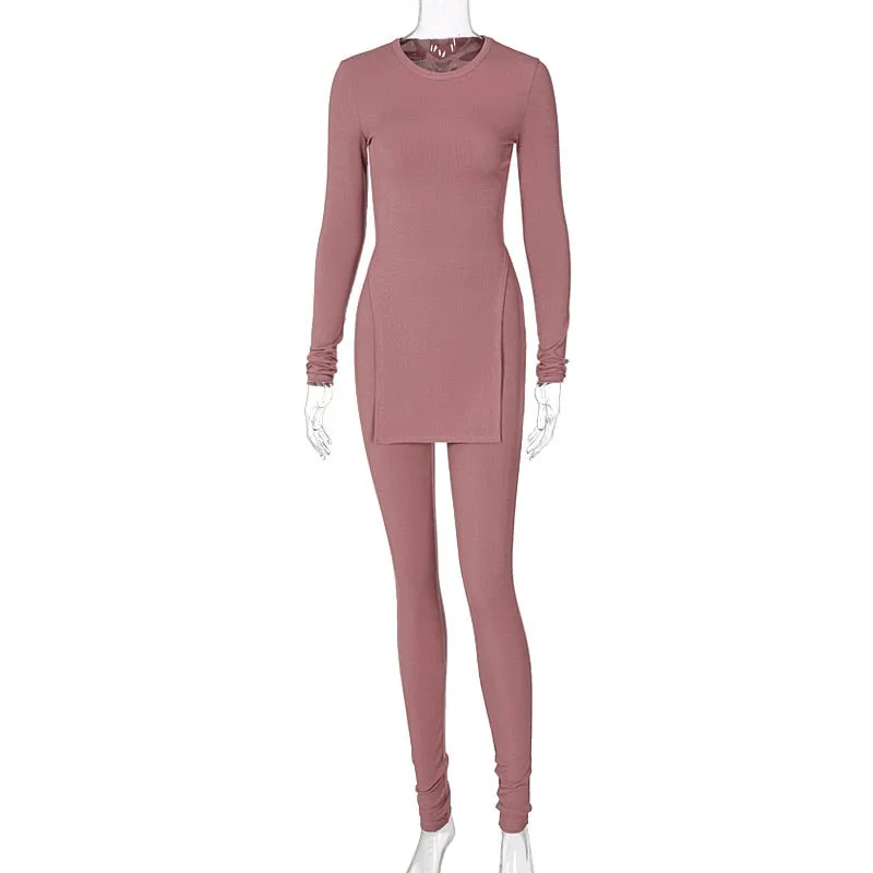 Articat Rib Knitted Casual Solid Two Pieces Sets Women Long Sleeve Sided Split T Shirt Long Pants Outfits Slim Tracksuit Female