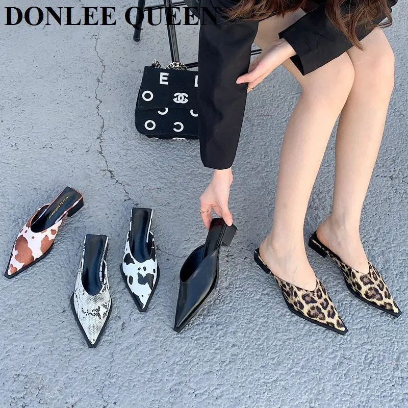 2022 Brand Designer Women Slippers Fashion Leopard Mule Flat Pointed Toe Casual Shoes Slide Low Heel Snake Sandal Big Size 35-41