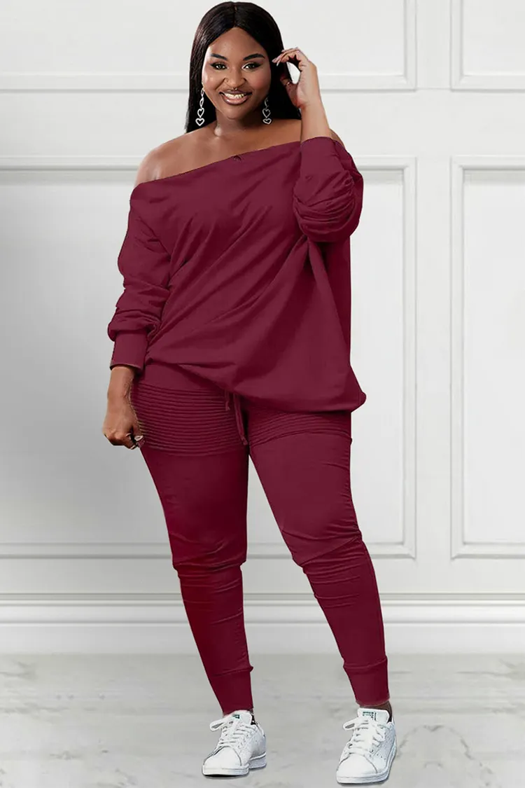 Xpluswear Design Plus Size Casual Pants Set Burgundy Long Sleeves Oblique Collar Sweatshirt Two Pieces Pants Set 2024 - Xpluswear