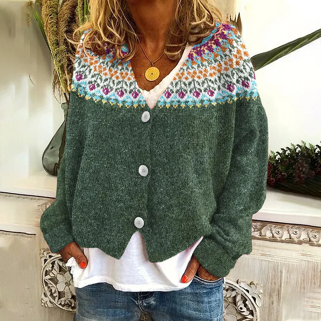 Button Color Block Icelandic Pattern Cardigan
