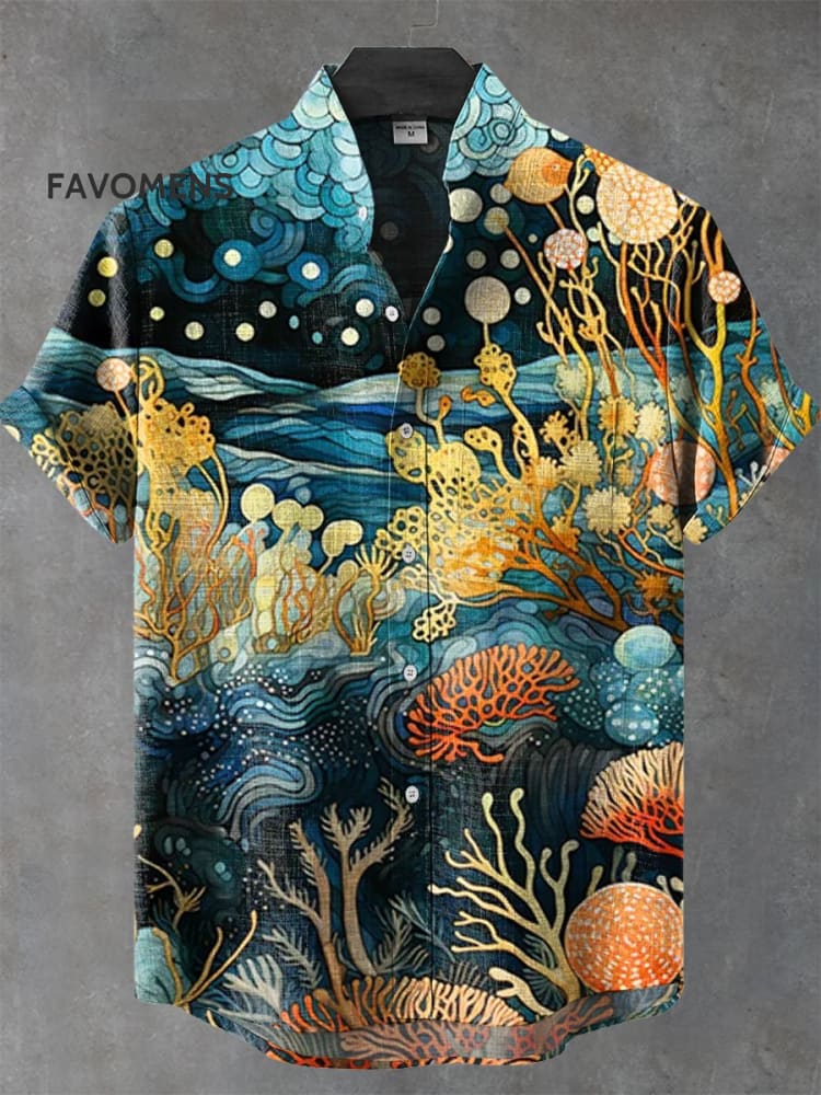 Vintage Underwater World Hand Drawn Art Print Casual 100% Cotton Shirt Multicolor / S