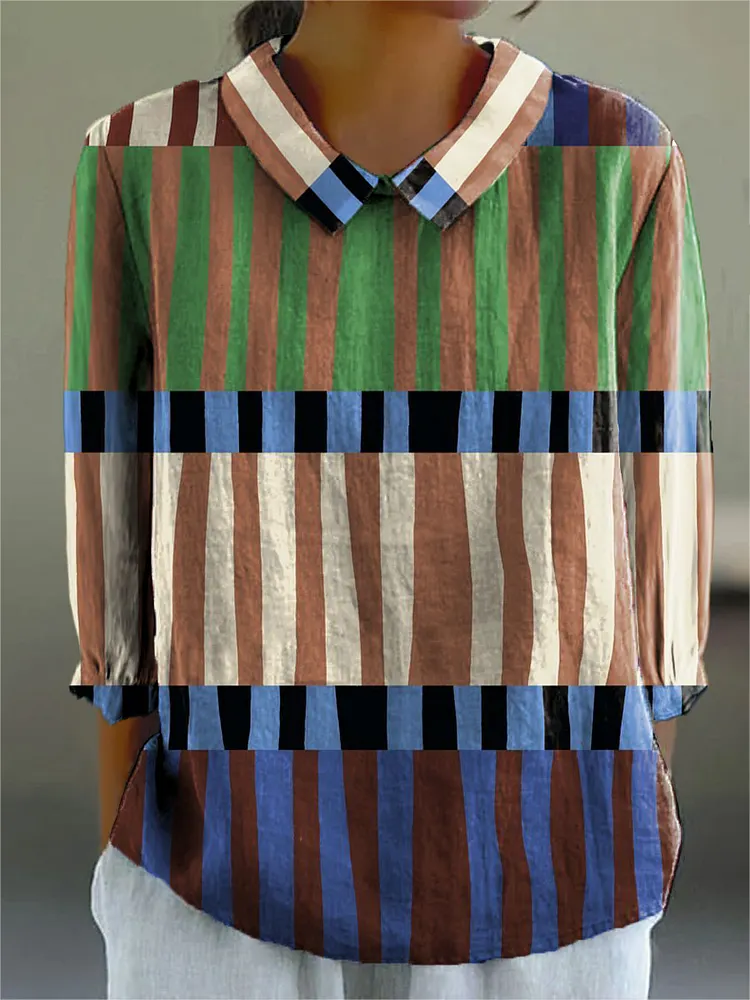 Women's Vintage Colorblock Striped Art Print Casual Cotton And Linen 3/4 Sleeve Shirt
