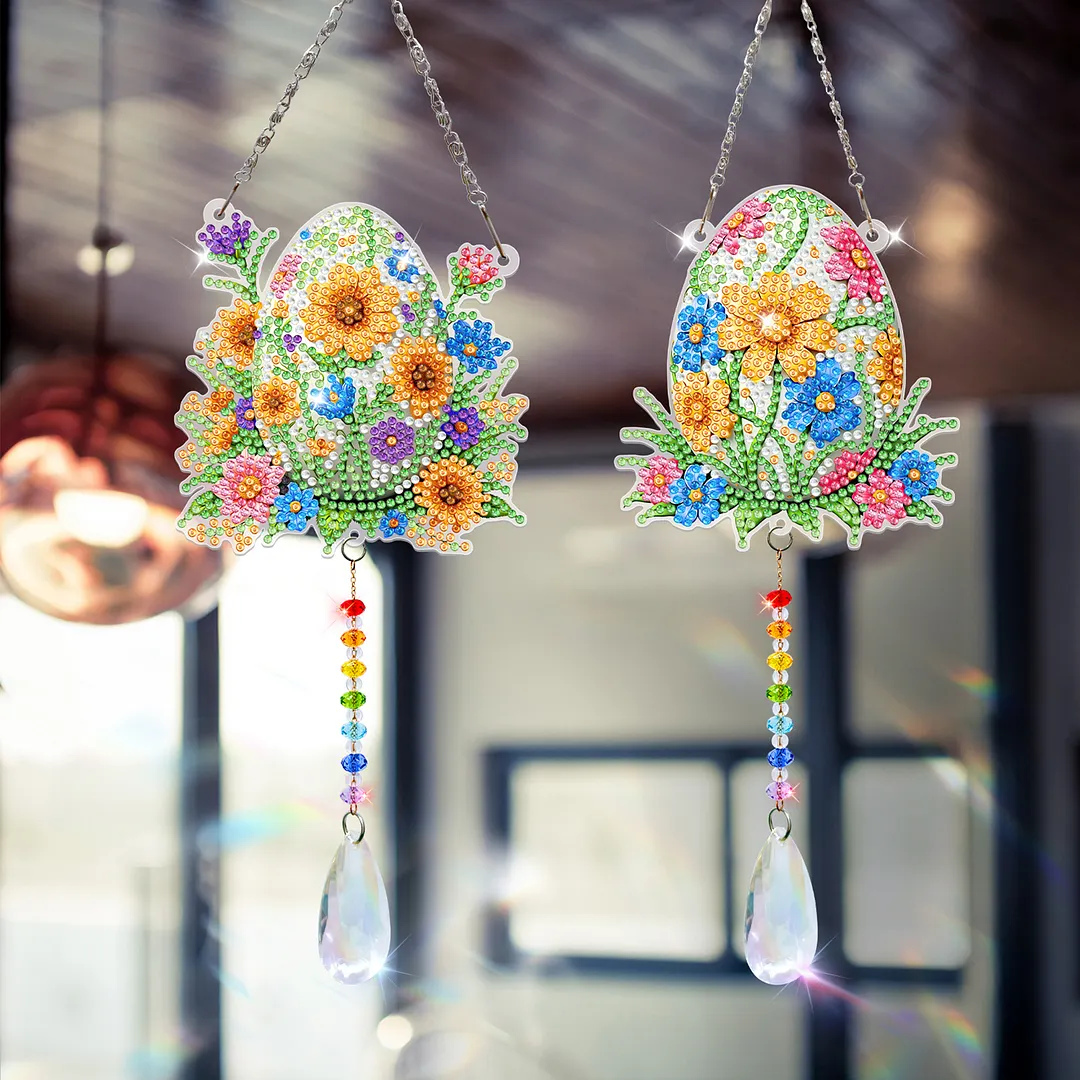 2Pcs Flower Easter Egg DIY Acrylic Diamond Painting Art Wind Chimes with Crystal Pendant Diamond Art Hanging Pendant Double-Sided for Adults Beginners Gift Home Garden Decor