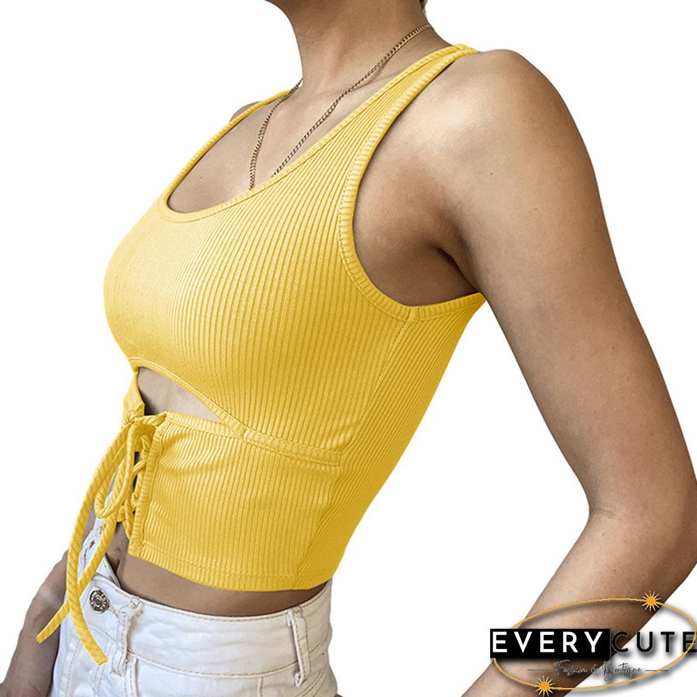 Women's Shirt Sexy U-neck Hollow Out Camisole Sleeveless Solid Color Criss Cross Tank Top Lace-up Rib Knit Crop Tops