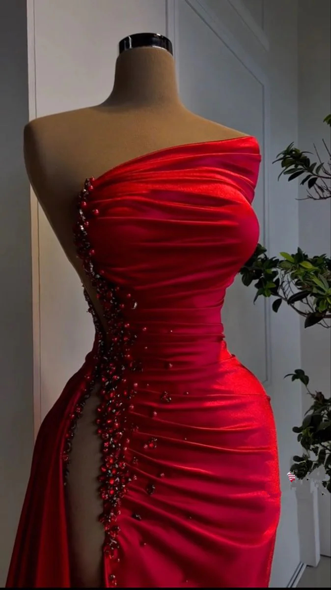 Red Pearl trapless Prom Dress Long Slit Sleeveless YH0053