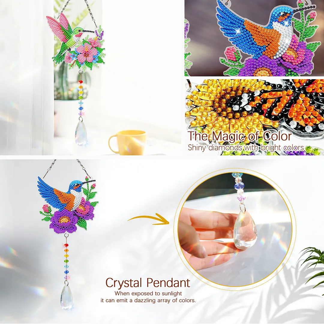 2Pcs Hummingbird Carrying Flowers DIY Double-Sided Diamond Painting Hanging Kits Diamond Painting Suncatcher Craft Kit for Home Garden Wall Decor Gift