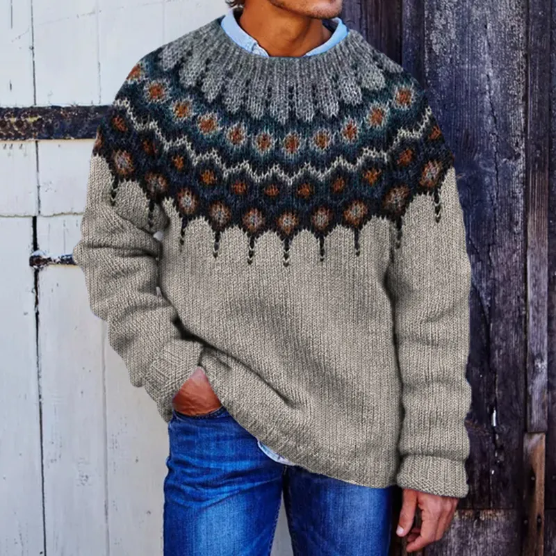 Men's Jacquard Icelandic Pattern Art Cozy Knit Sweater