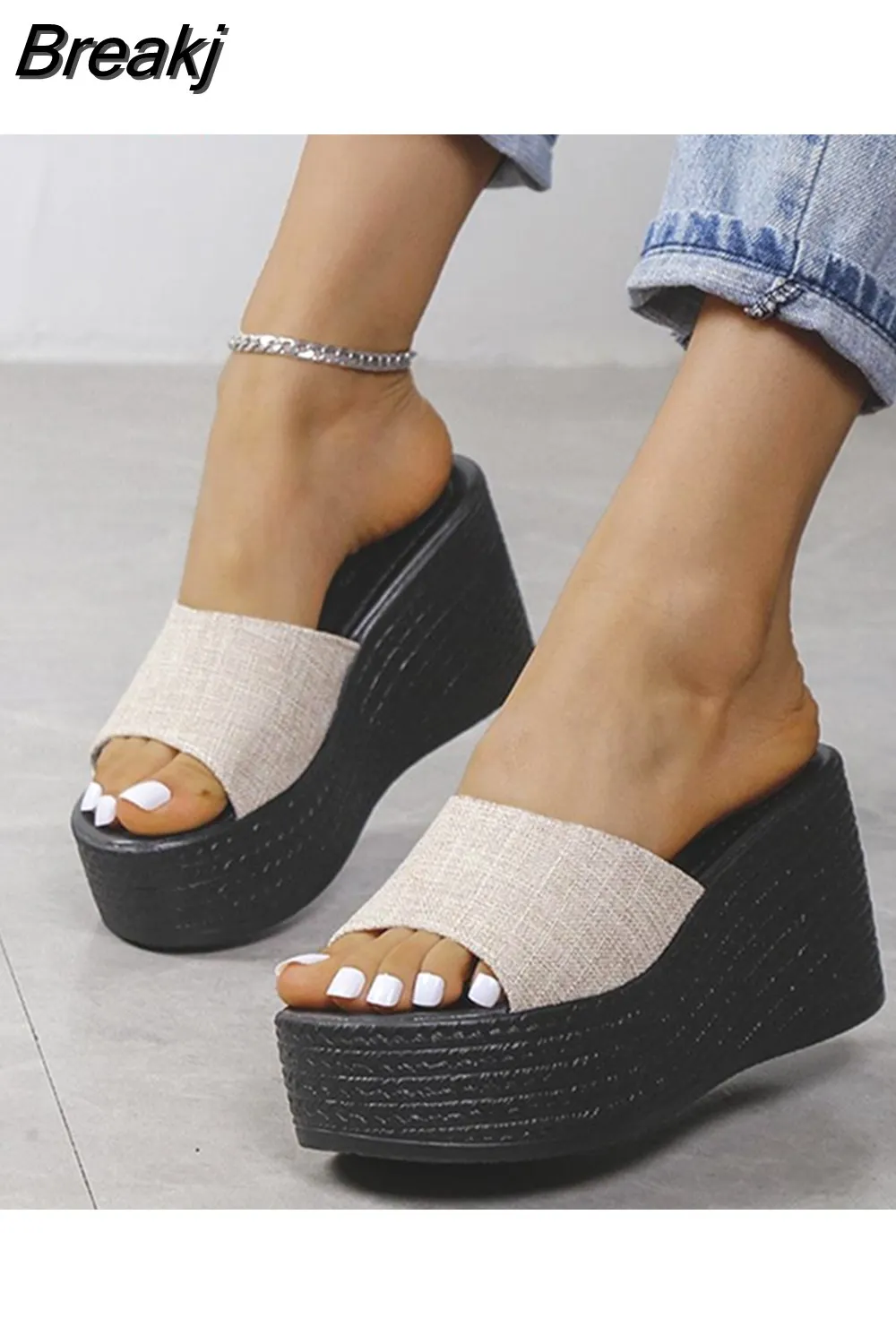 Breakj Wedge High Heeled Women Sandals New Arrived 2023 Bling Sequin Lady Slipper Peep Toe Comfort Walk Causal Sandals Plus Size