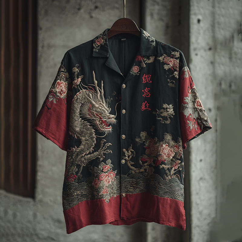 Women's Japanese Dragons And Flowers Art Pattern Short Sleeve Linen Blend Shirt elevenforest