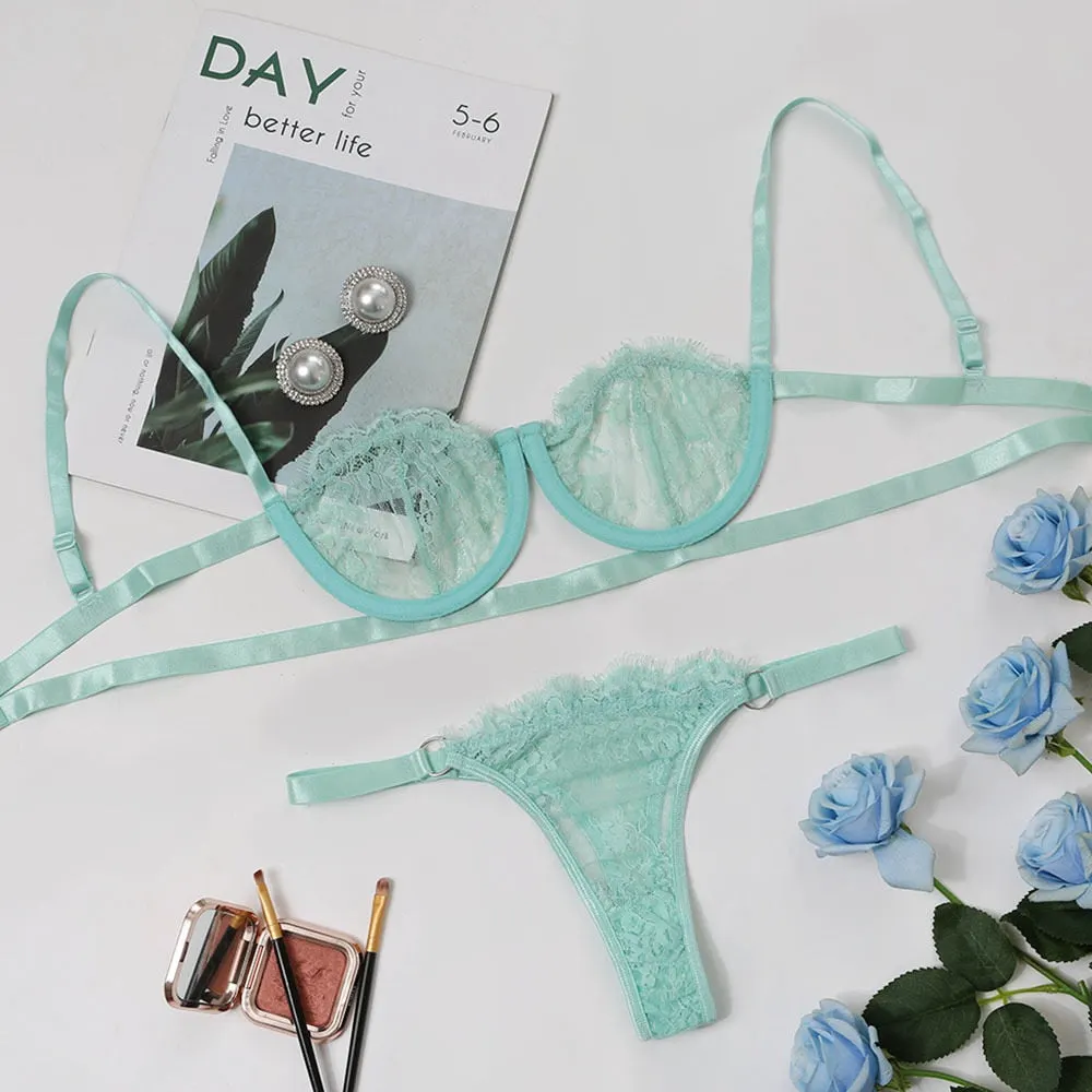 Ellolace Sexy Women's Underwear Lingerie Transparent Bra Low Cup Lace Underwear Set Lenceria Sexy Lingerie Set Bra And Panty Set 514-1