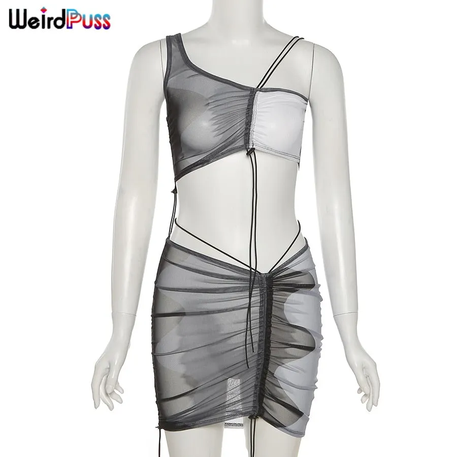 Weird Puss Sexy Mesh Two Piece Set Women Sleeveless Lace Up Tank Top+Min Skirt Matching Fashion Party Clubwear Streetwear Outfit