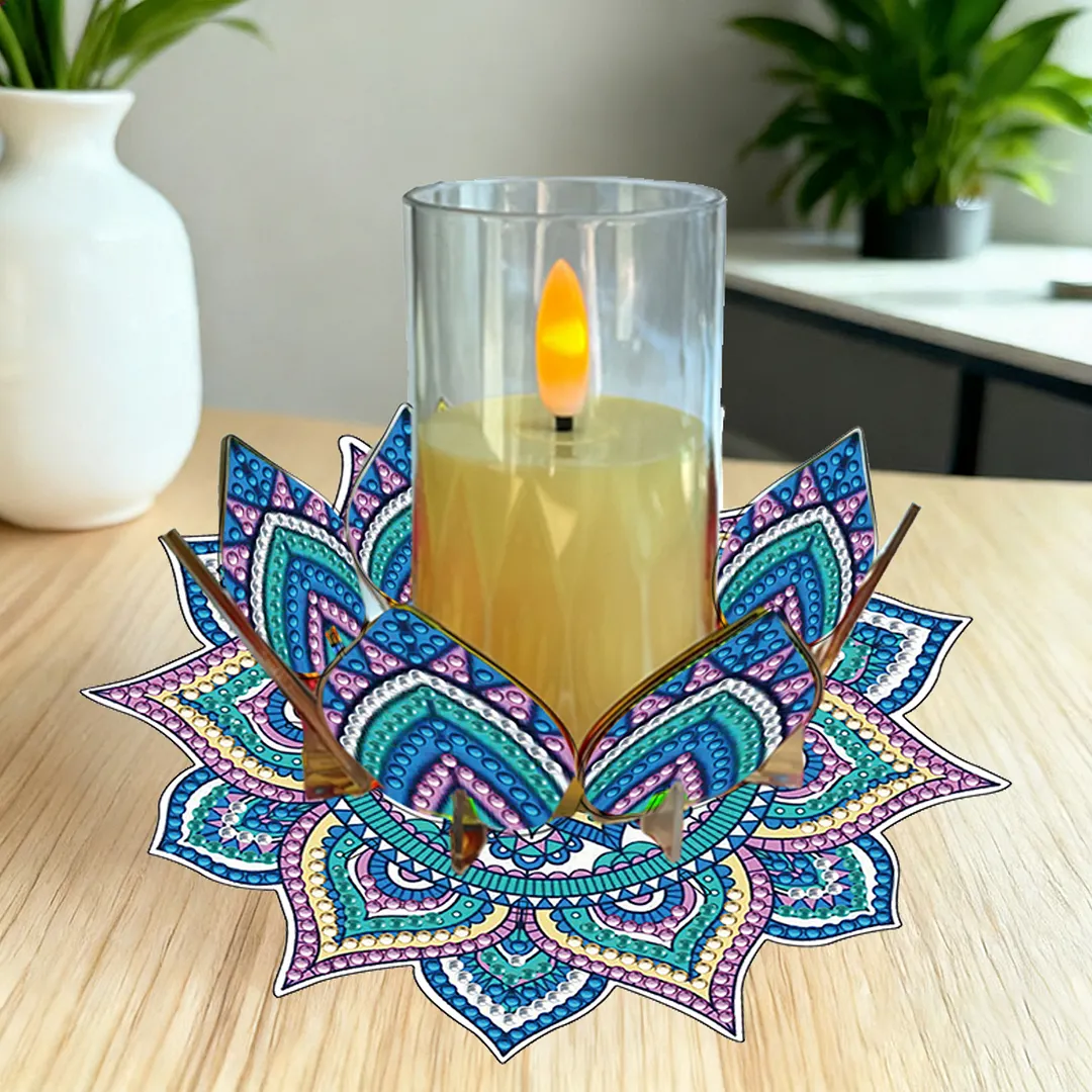 Mandala Lotus-E Acrylic DIY Diamond Painting Candle Holders Without Candles Crystal Painting Tealight Candle Stand Table Centerpiece for Adults Beginners Home Party Decor