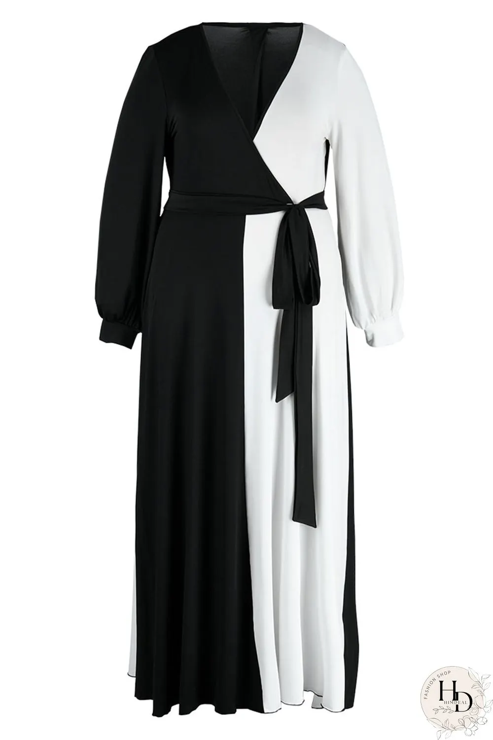 Black And White Casual Solid Bandage Patchwork V Neck Straight Plus Size Dresses