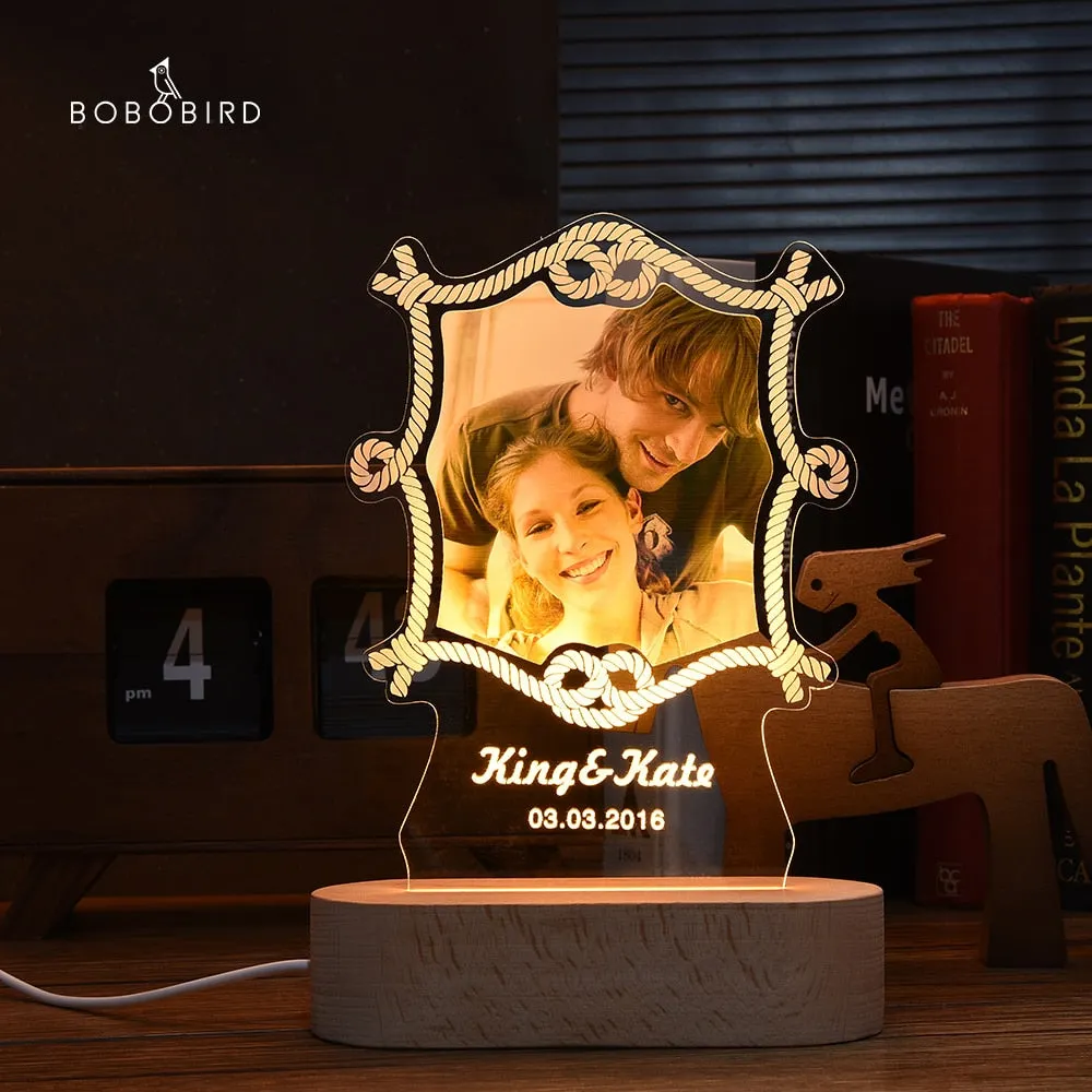 Customized Photo Frame USB Creative Wooden Base With Led Light Living Room Bedroom Decoration Custom Text Photo