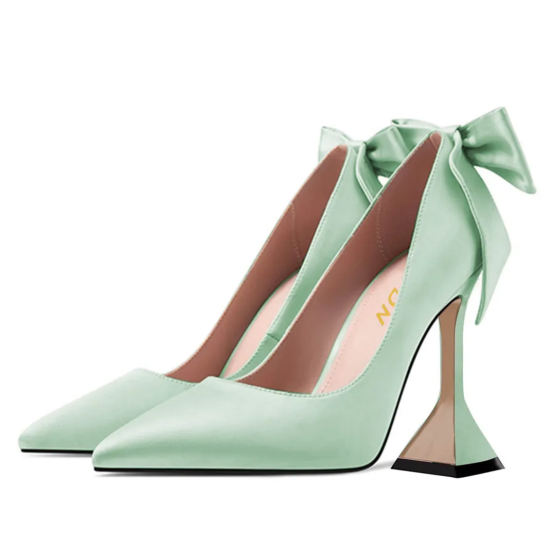 Green Slip-On Pearl Bow Pointed Toe Pumps for Women with Flared Heel