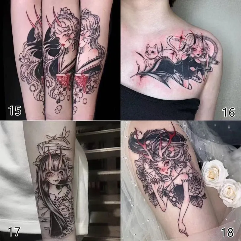 2/4/6 Pieces Japanese Geisha Beautiful Princess Nine-tailed Demon Evil Clown Waterproof Lasting Arm Wrist Tattoo Stickers