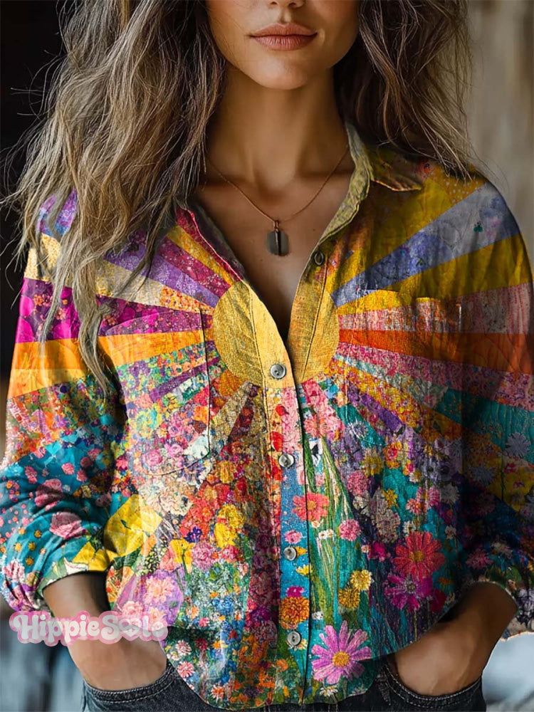 Women&rsquo;s Lovely Sun Floral Patchwork Pattern Art Print Casual Long Sleeve Comfortable Cotton Shirt