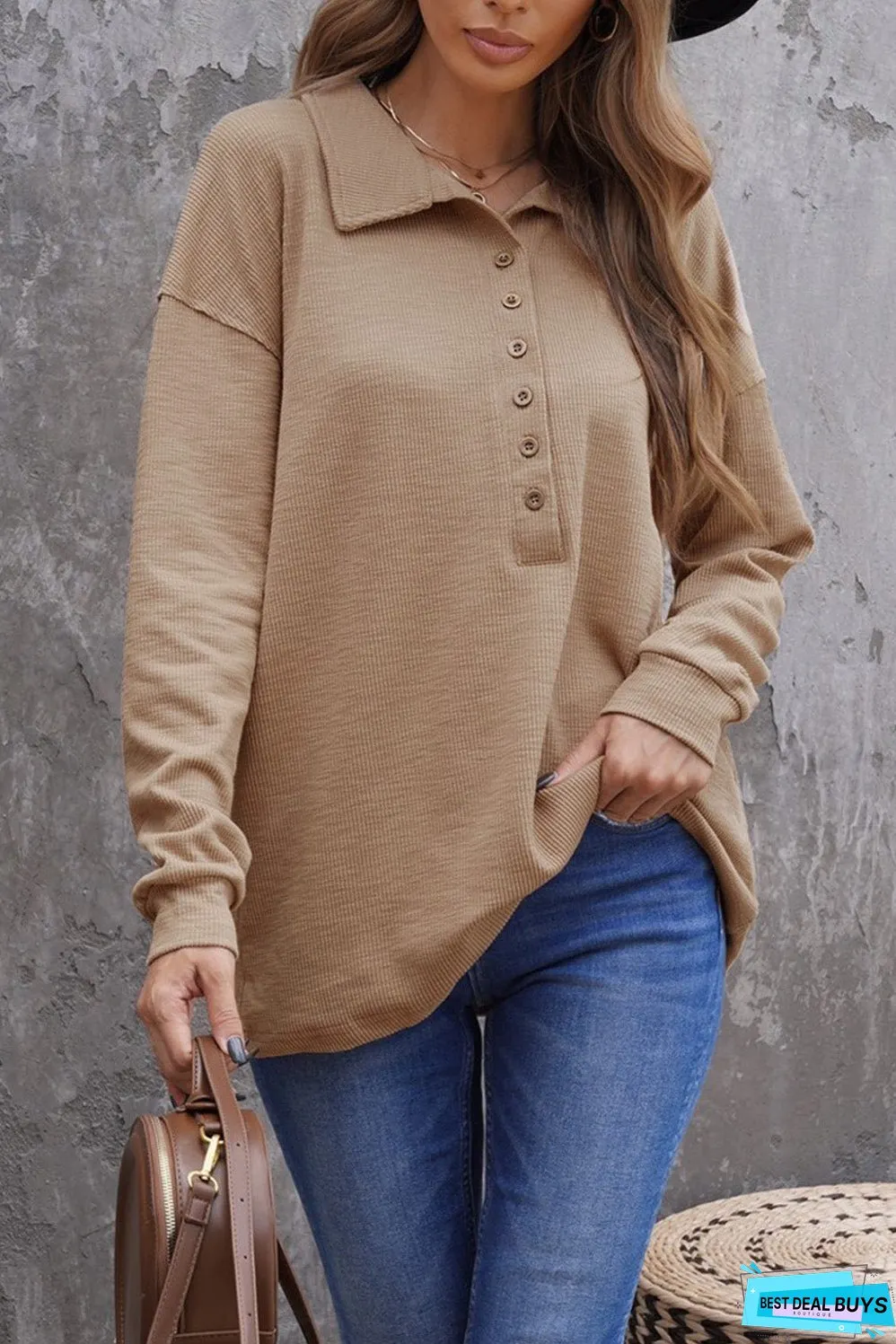 Button Turn-down Neck Knit Top