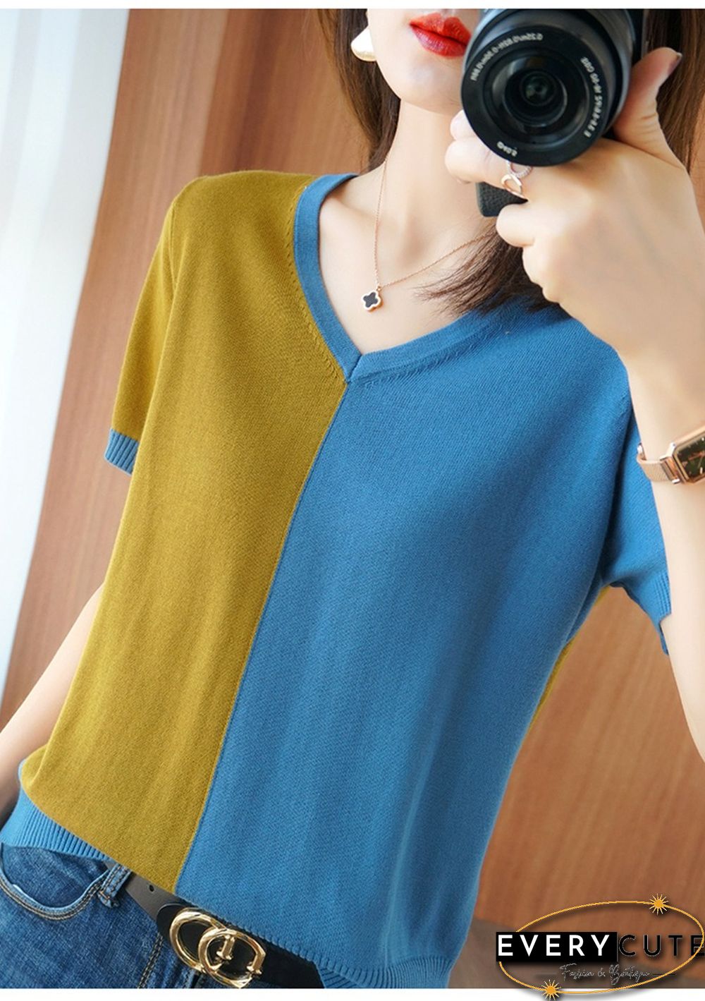 Female Two-Color Patchwork Knitted T-Shirt Mercerized Cotton Summer Women Short Sleeve Pullover Lady Loose Cool V-Neck Tops