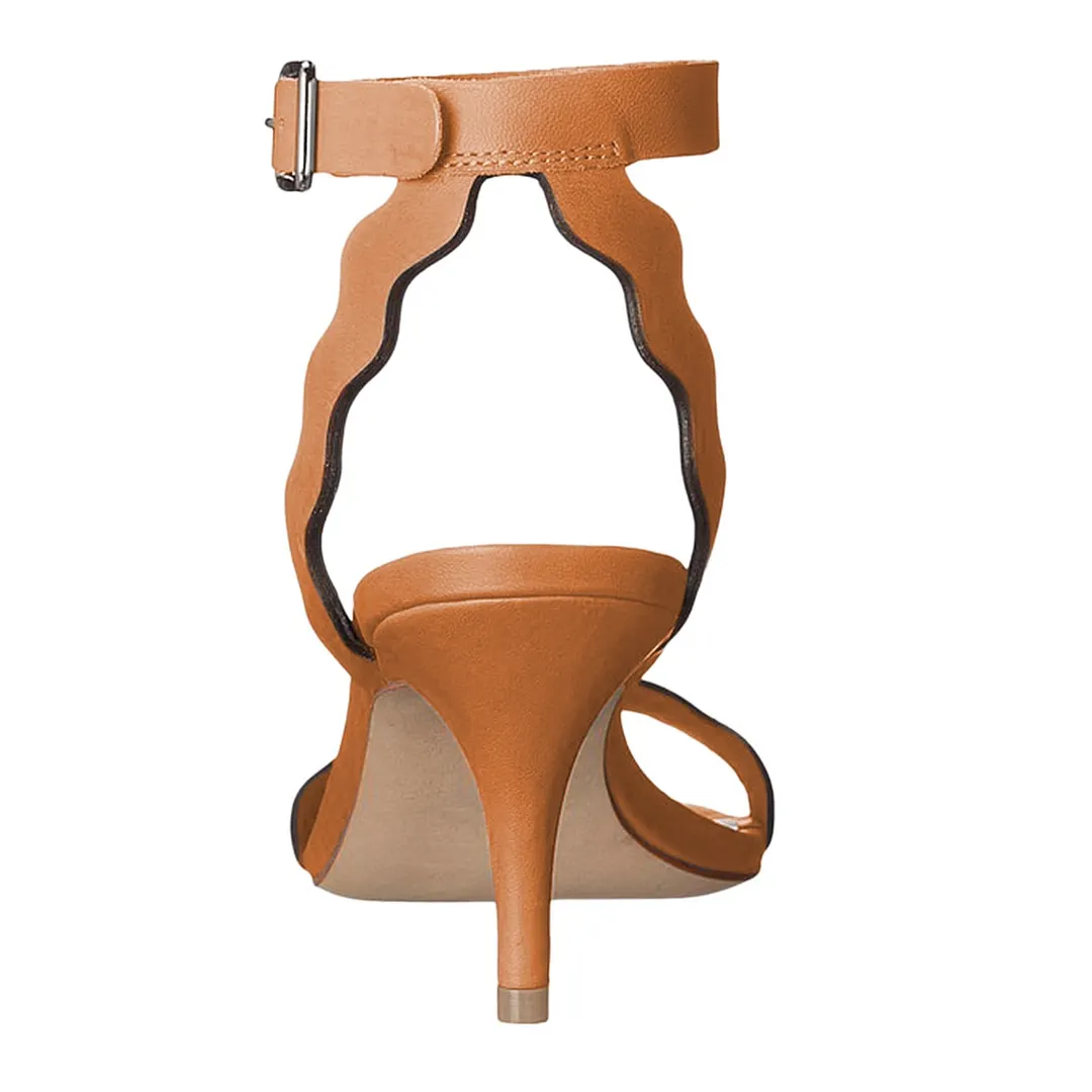 Simple Tan Vegan Leather Open Toe Ripple Strap Heels Sandals