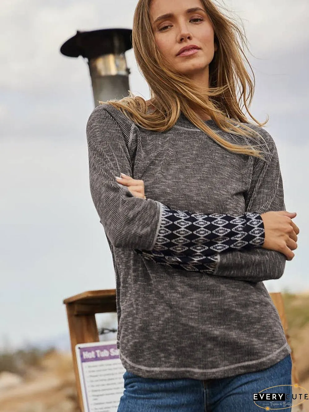 Cozy Gray Aztec Patterned Ribbed Top
