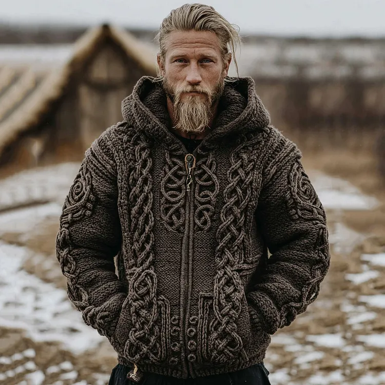 Men's Vintage Celtic Knot Jacquard Zipper Cardigan Aran Sweater