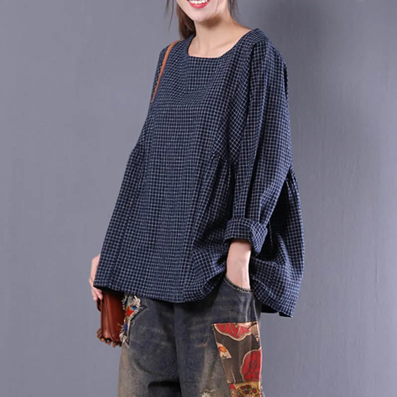 Top Blusas 2022 Women  Crew Neck Long Sleeve Plaid Check Autumn Cotton Linen Casual Party Pleated Flounce Blouse Shirt
