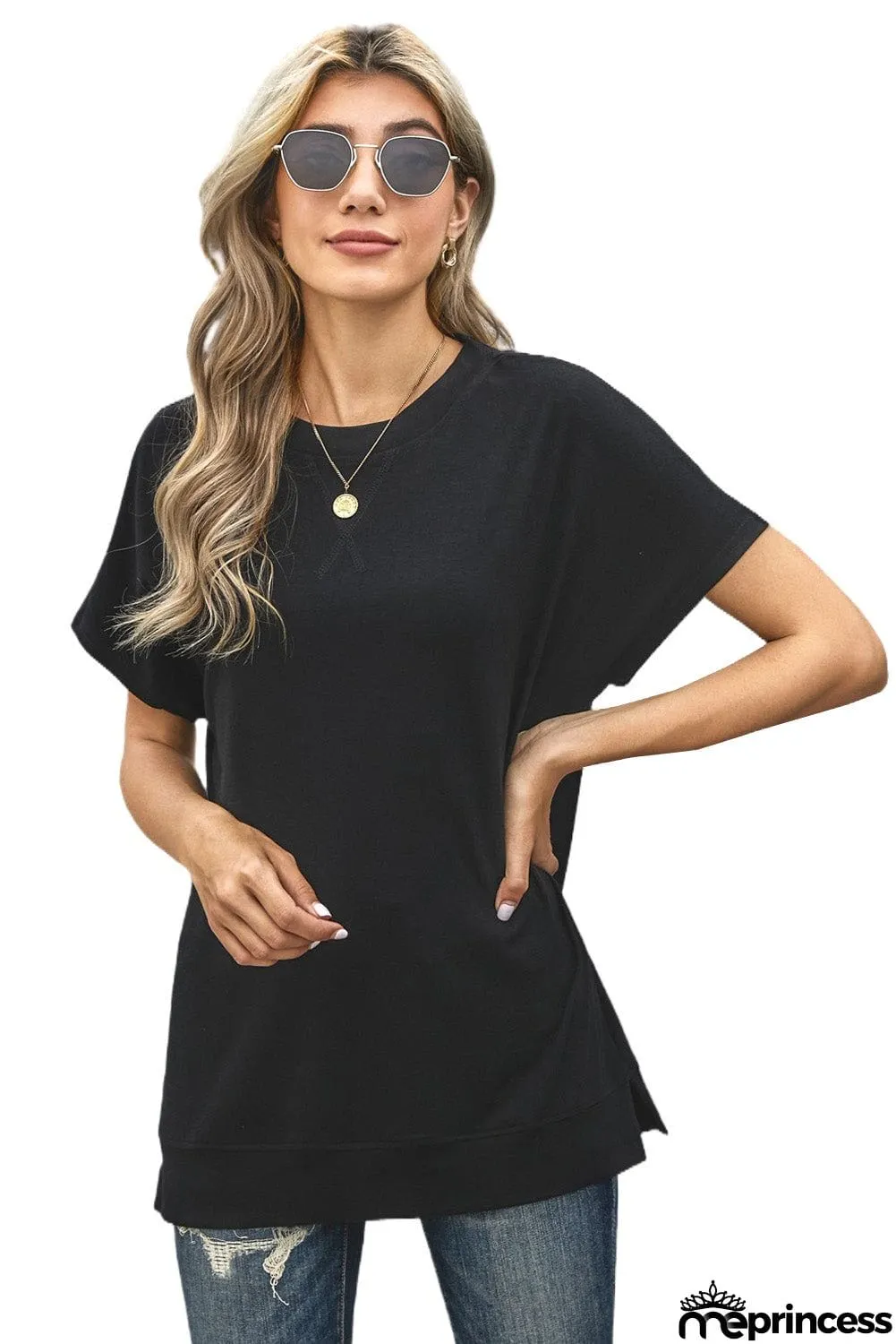 Round Neck Short Sleeve Solid Color Tee