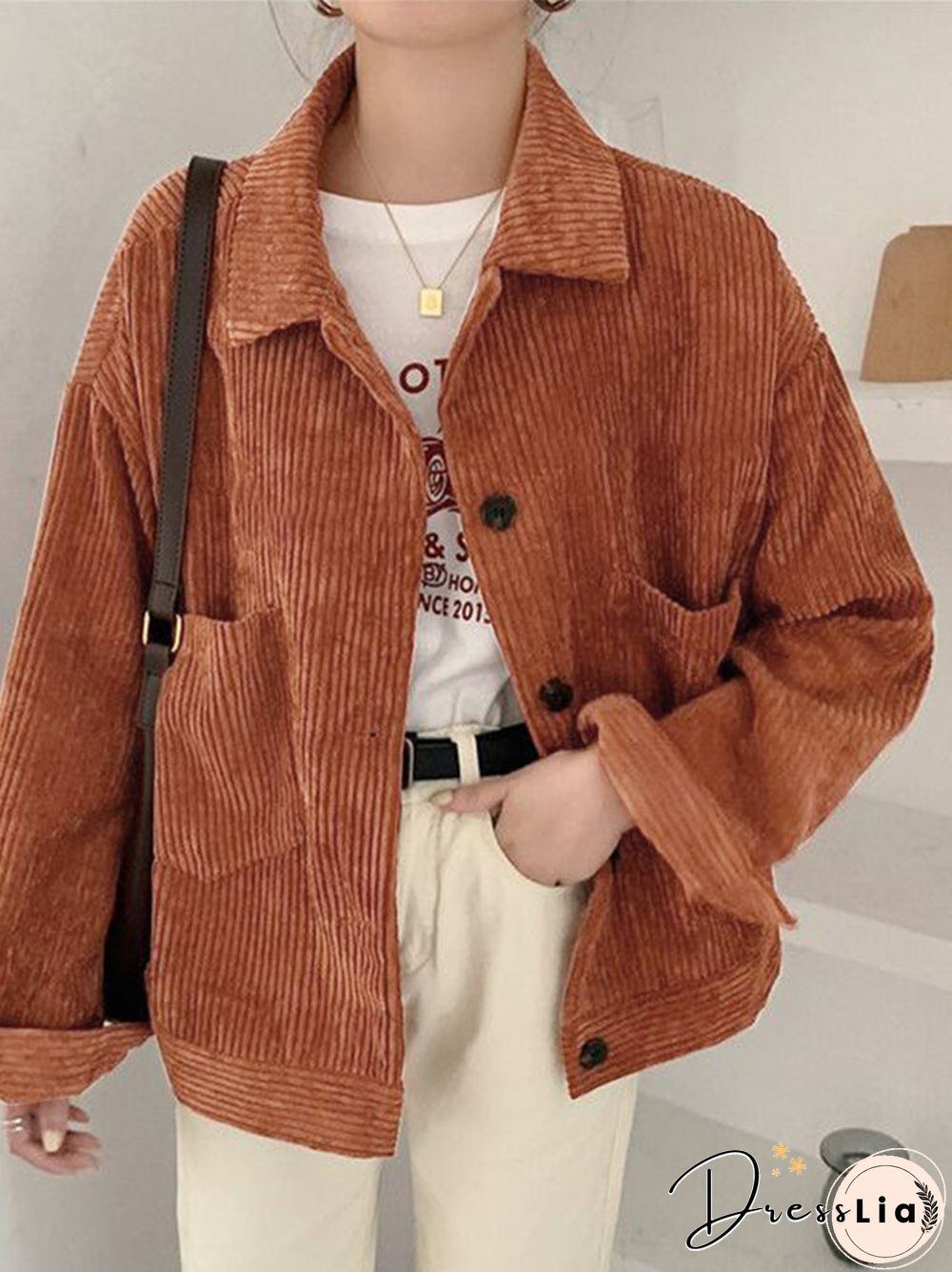 Corduroy Solid Pocket Button Loose Long Sleeve Lapel Jacket