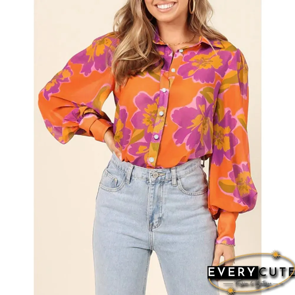 Orange Floral Chiffon Lantern Long Sleeve Blouse