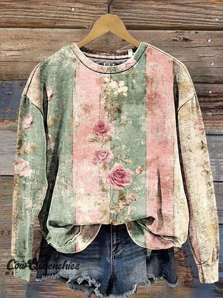 Colorblock Floral Art Print Casual Sweatshirt Multicolor / S