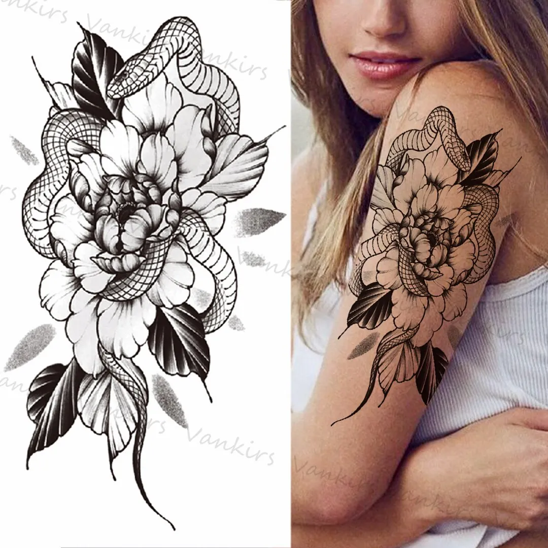 Sdrawing Skeleton Snake Flower Temporary Tattoos For Women Girls Realistic Snake Wolf Tribal Fake Tattoo Sticker Arm Waist Tatoo 3D