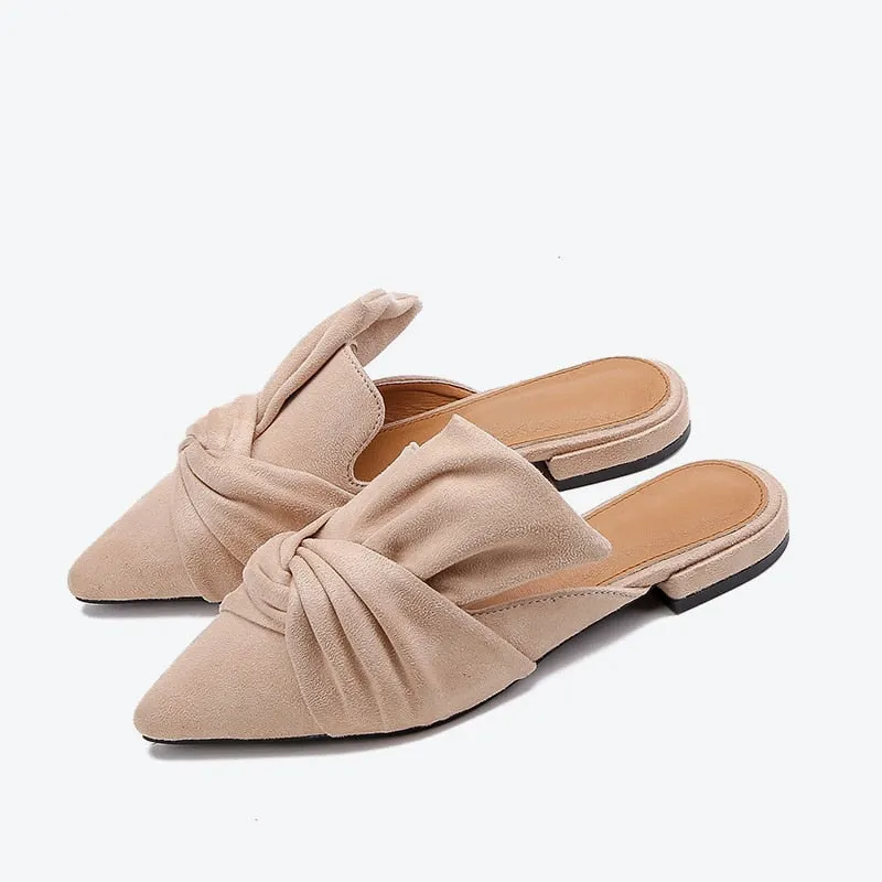 Women Slippers Summer Mules Shoes Women Suede Slide Flock Slippers Female Mules Low Heels Pointed Toe Bowtie Zapatos De Mujer