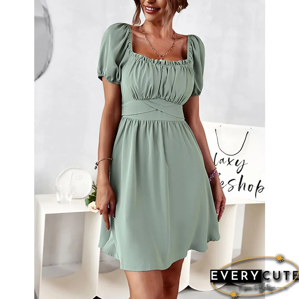 Pea Green Square Neck Slim Waist Mini Dress