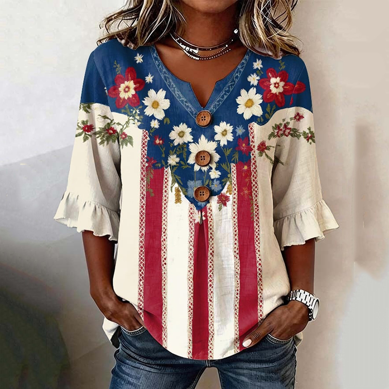 Comstylish Women's Casual Color Block Anniversary Floral Print Shirt