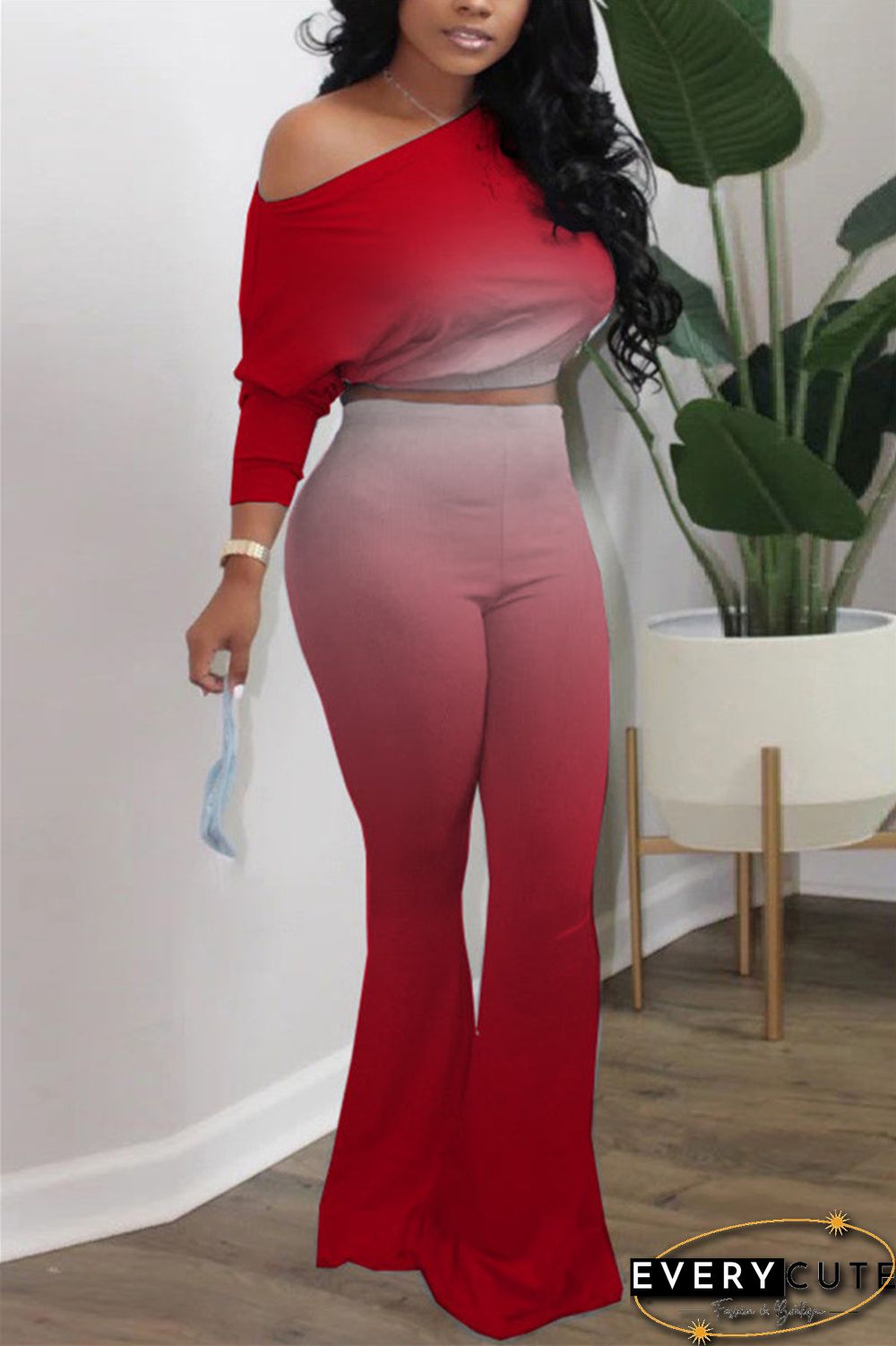 Fashion Long Sleeve Oblique Collar Regular Sleeve Short Gradual Change Print Two Pieces