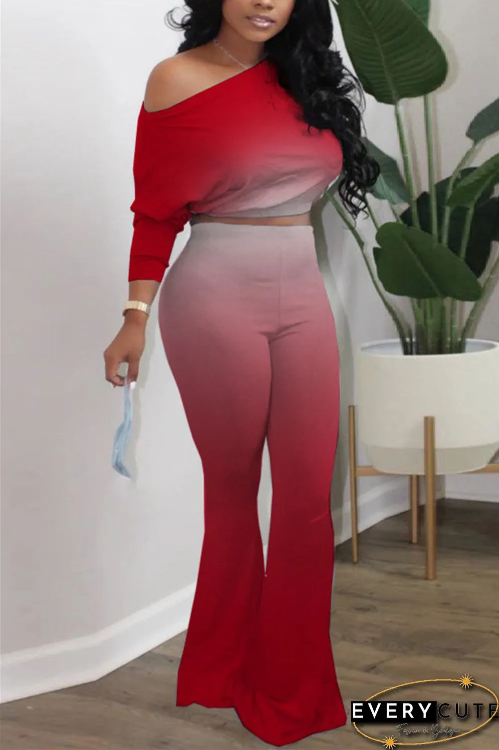 Fashion Long Sleeve Oblique Collar Regular Sleeve Short Gradual Change Print Two Pieces