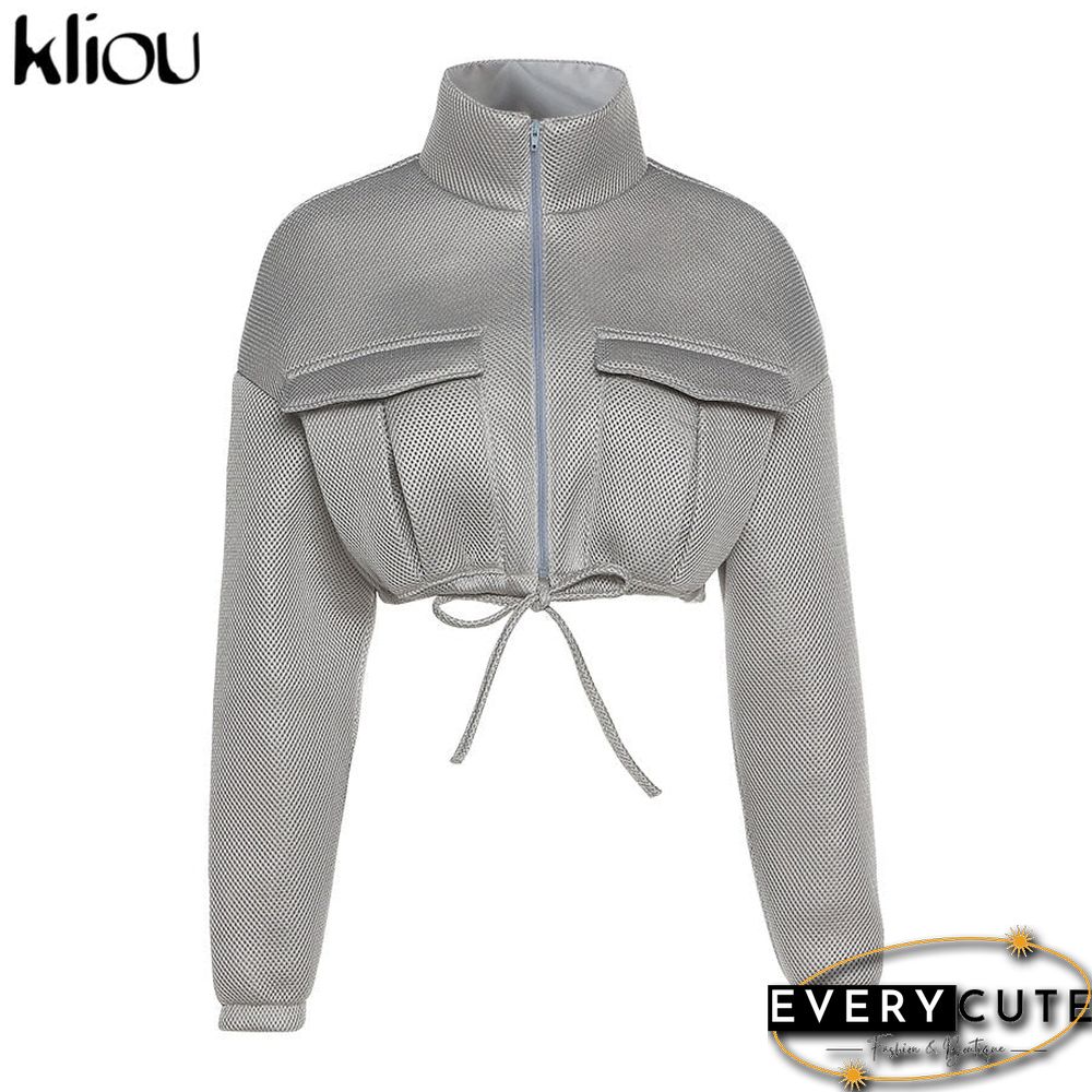 Kliou Mesh Plaid Autumn Spring Coat Women Trend Turtleneck Zipper Pocket Crop Jacket Solid Slim Drawstring Female Outerwear Hot