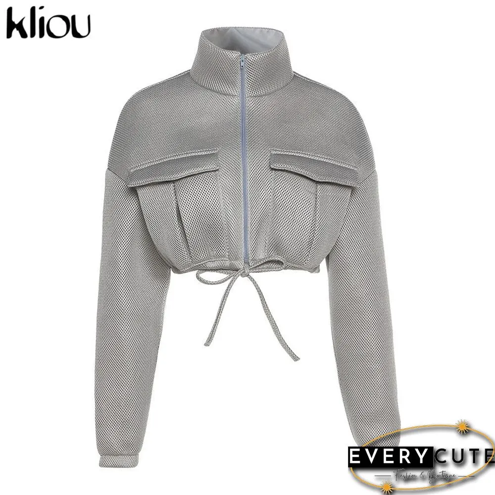 Kliou Mesh Plaid Autumn Spring Coat Women Trend Turtleneck Zipper Pocket Crop Jacket Solid Slim Drawstring Female Outerwear Hot