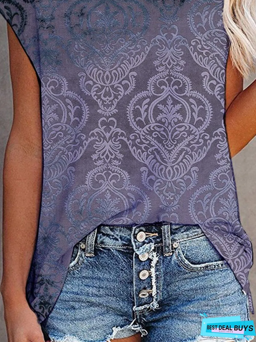 Paisley Short Sleeve  Printed  Cotton-blend  Crew Neck  Vintage Summer Blue Top