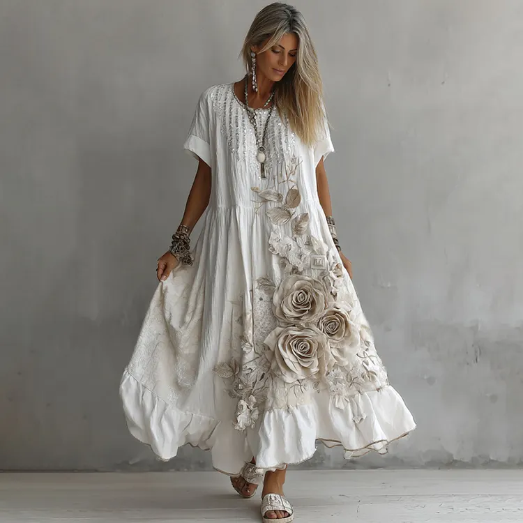 Women's White Rose Embroidery Art Round Neck Short Sleeve Linen Blend Midi Dress