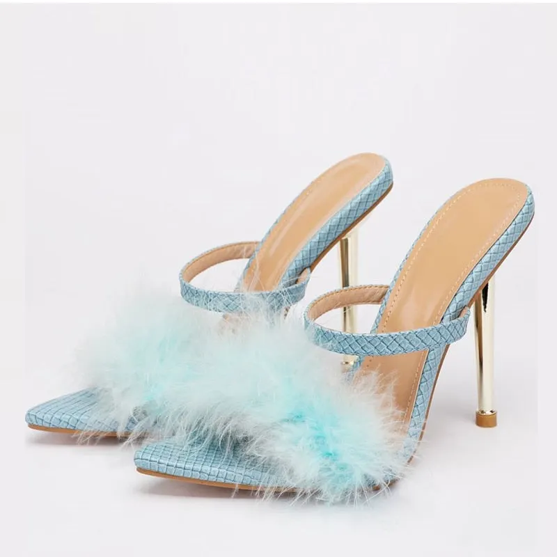 New Brand Fluffy Slippers Sandals Fashion Pointed Toe Summer Party Dress Shoes Gold Fur Slides Heels For Women Free Shipping