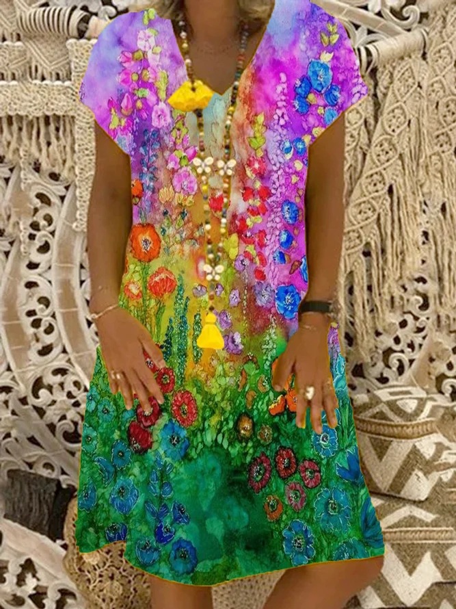 Plus Size Floral Print Short Sleeve Dress