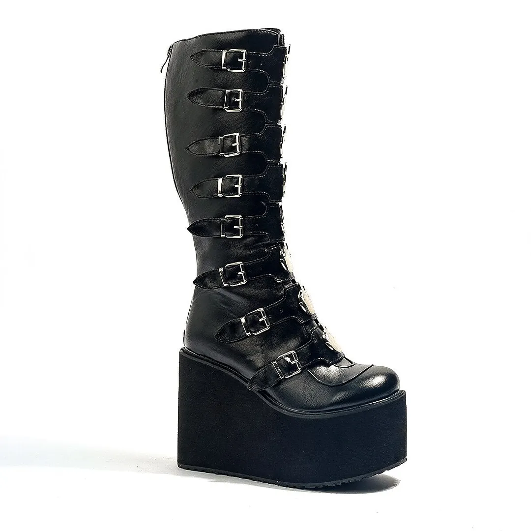 Leather Women Mid-Calf Boots Gothic Style Cool Punk Motorcycles Females Boot Platform Wedges High Heels Calf Boots Women's Shoes